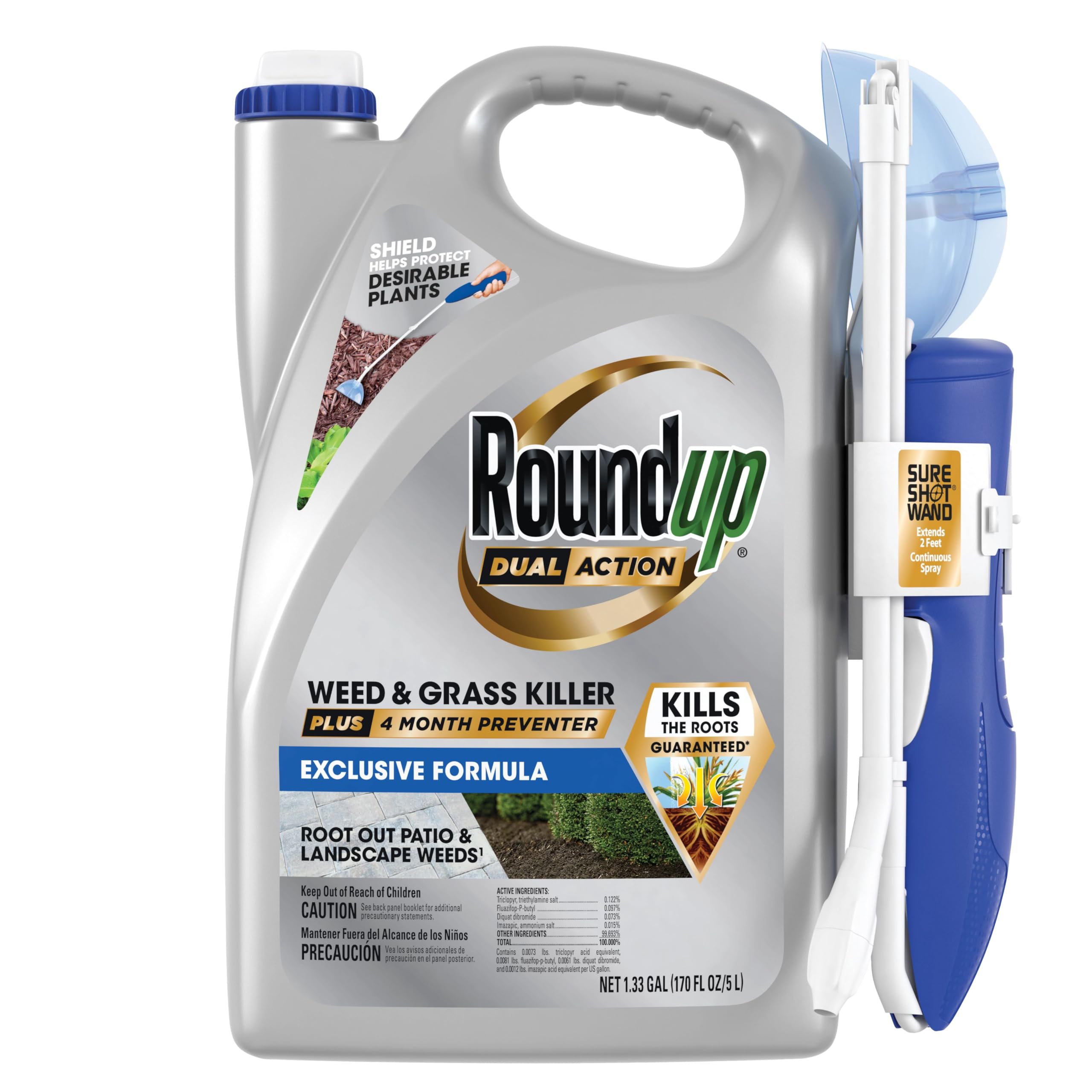 Roundup front label showing product name and usage benefits