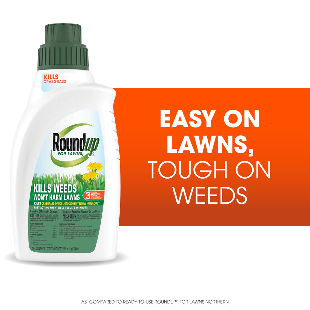 Close-up of Roundup label text showing weed list details and use tips