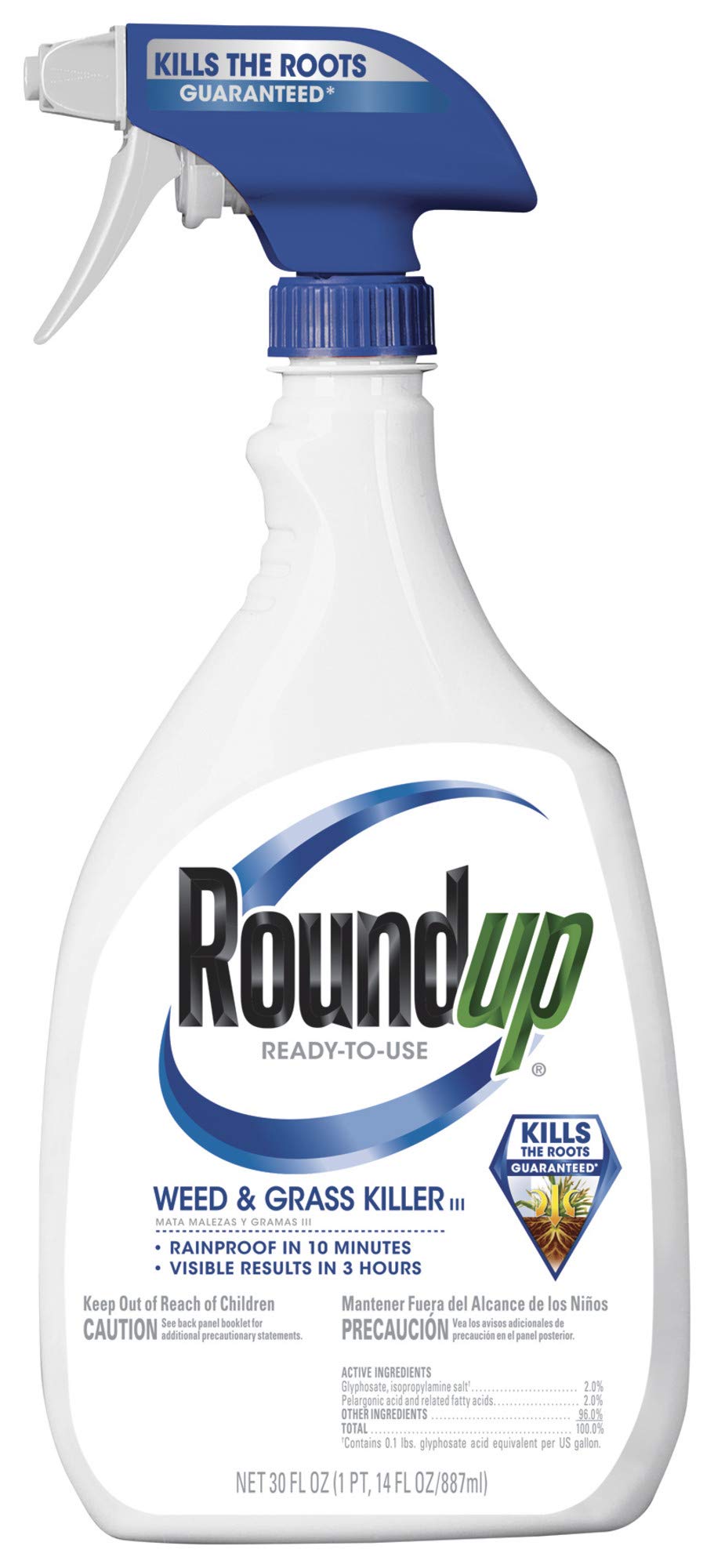 Roundup front label on 30 oz bottle showing product benefits