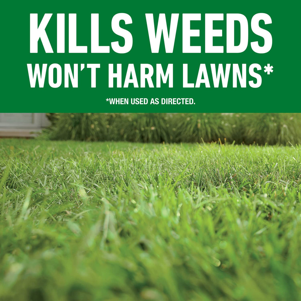 Before-and-after lawn images showing Roundup brand removing common weeds effectively