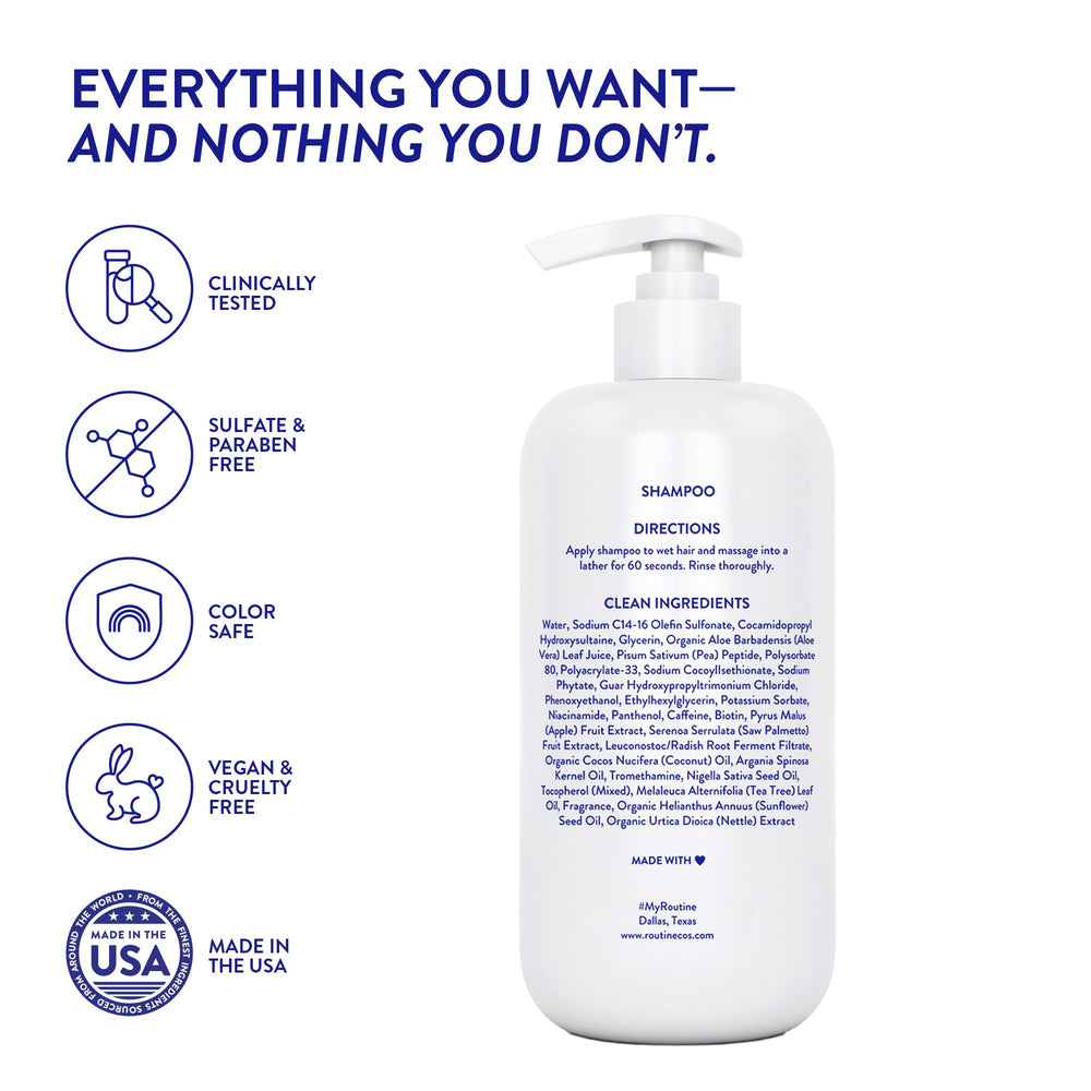 Routine Wellness bottle on bathroom shelf staged for daily hair care routine