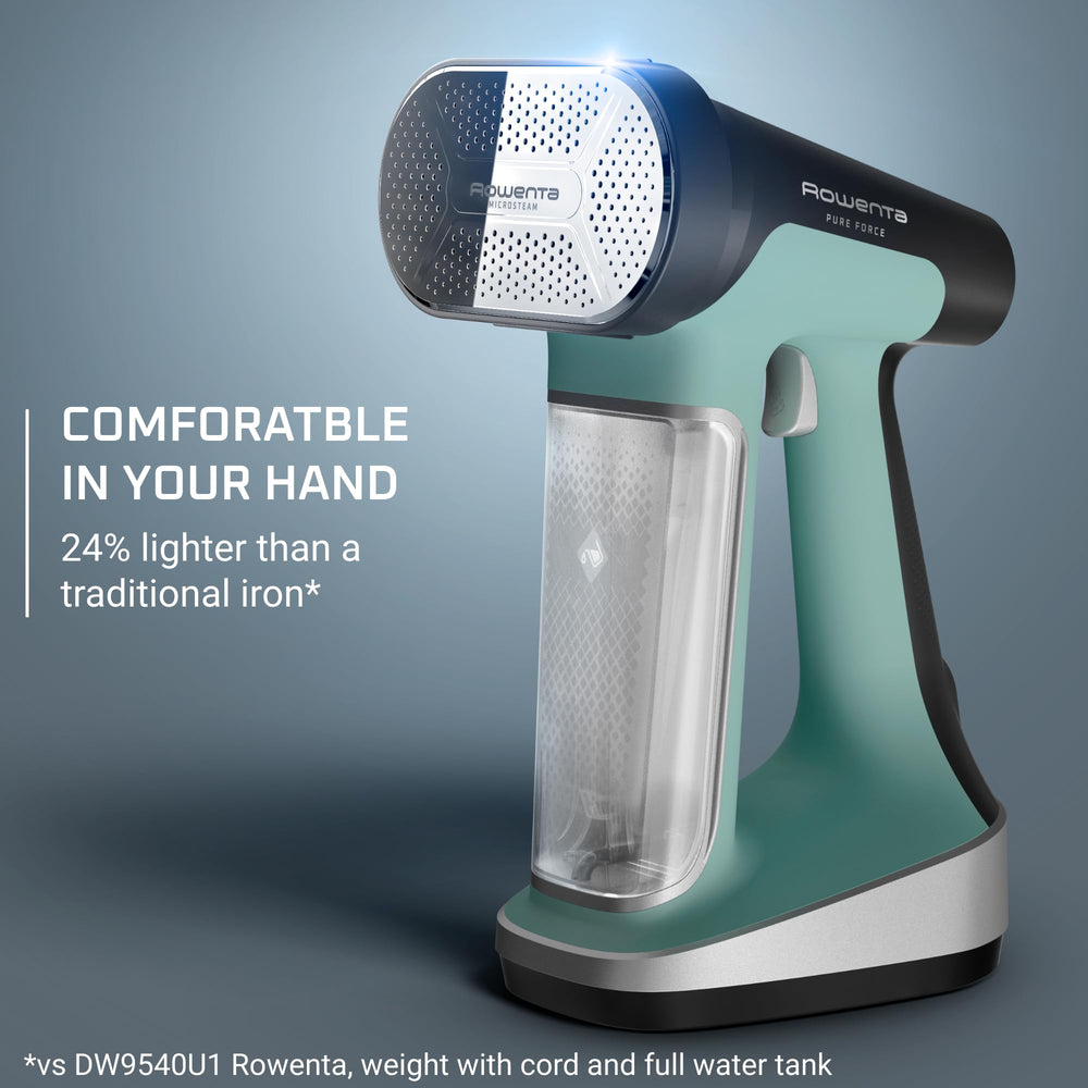 Rowenta steaming a hanging shirt showing quick vertical wrinkle removal