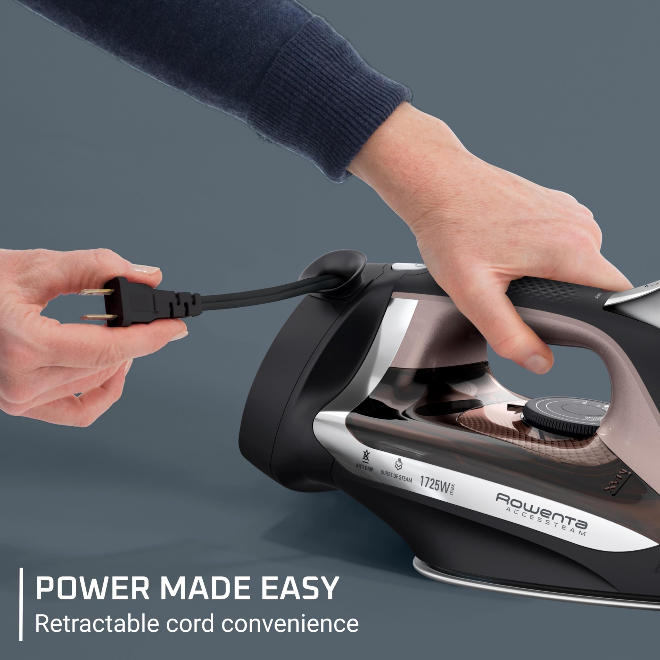 Rowenta iron next to hand showing compact size and scale benefit