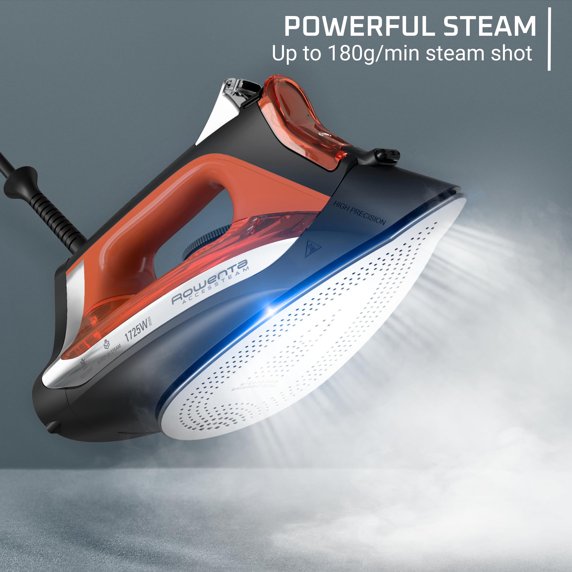 Rowenta stainless-steel soleplate closeup highlighting Microsteam holes for even steam