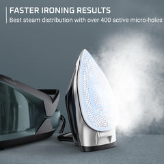 Rowenta close-up of stainless-steel soleplate with micro-holes for smooth glide
