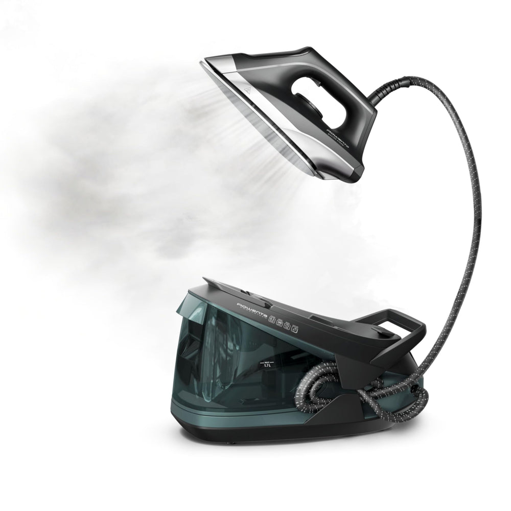 Rowenta front view showing steam station and compact base for powerful ironing