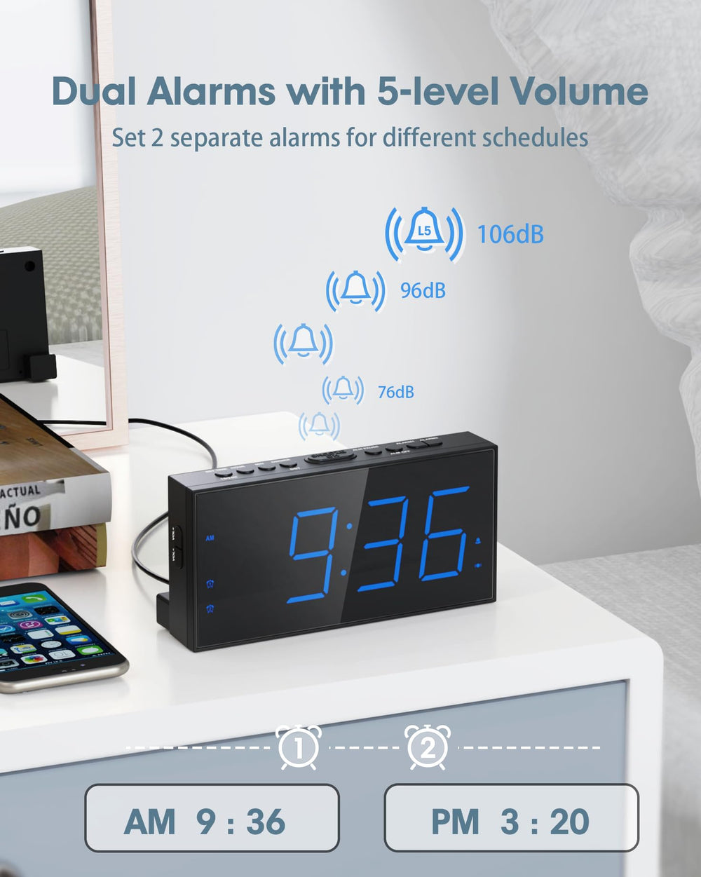 Roxicosly side controls with labeled buttons for easy alarm and snooze management