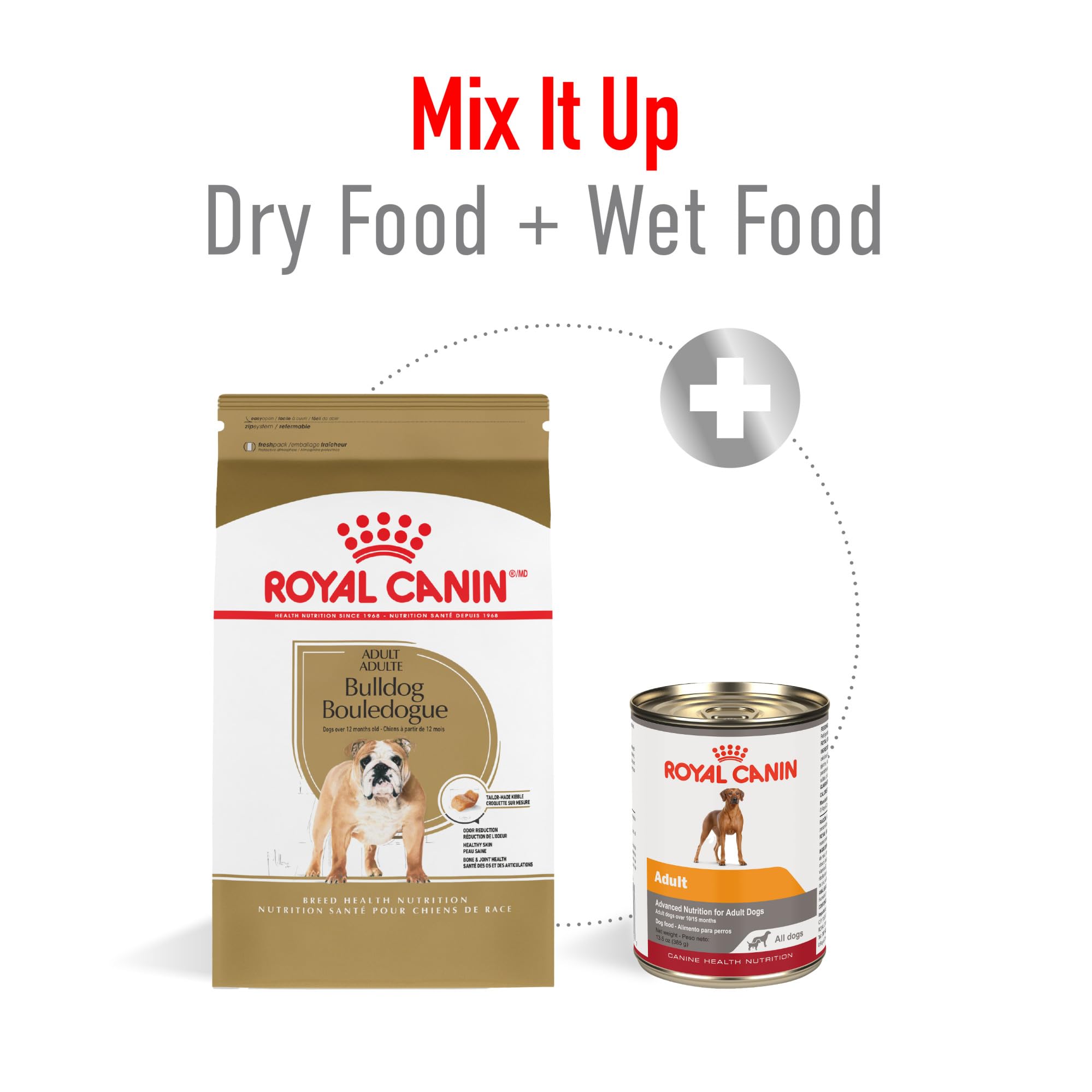 ROYAL CANIN Bulldog eating from bowl demonstrating easy pickup benefit