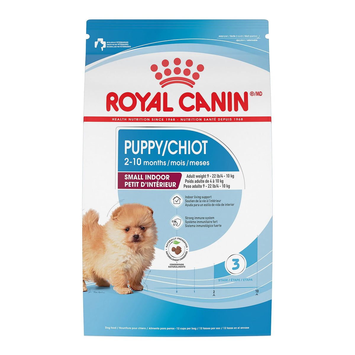 ROYAL CANIN front packaging showing small indoor puppy formula benefits
