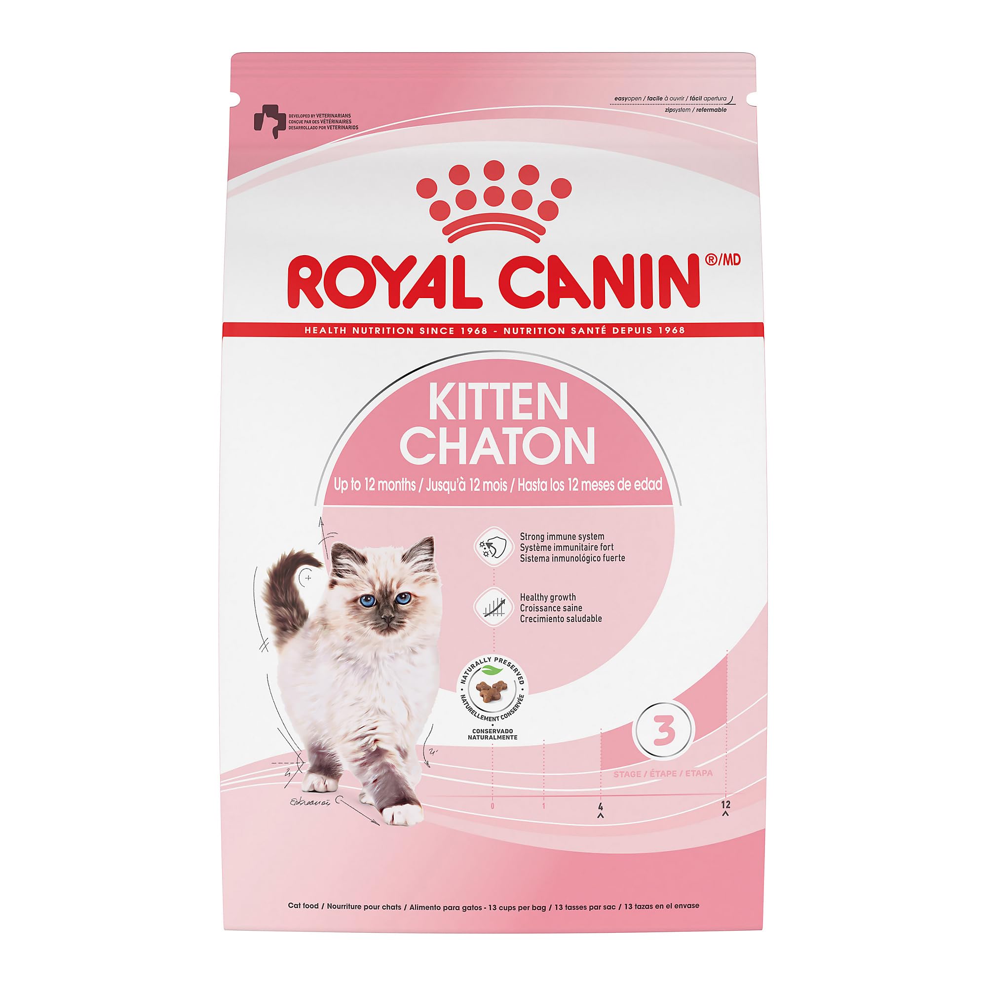 ROYAL CANIN front packaging of 3 lb kitten formula showing product branding and benefits