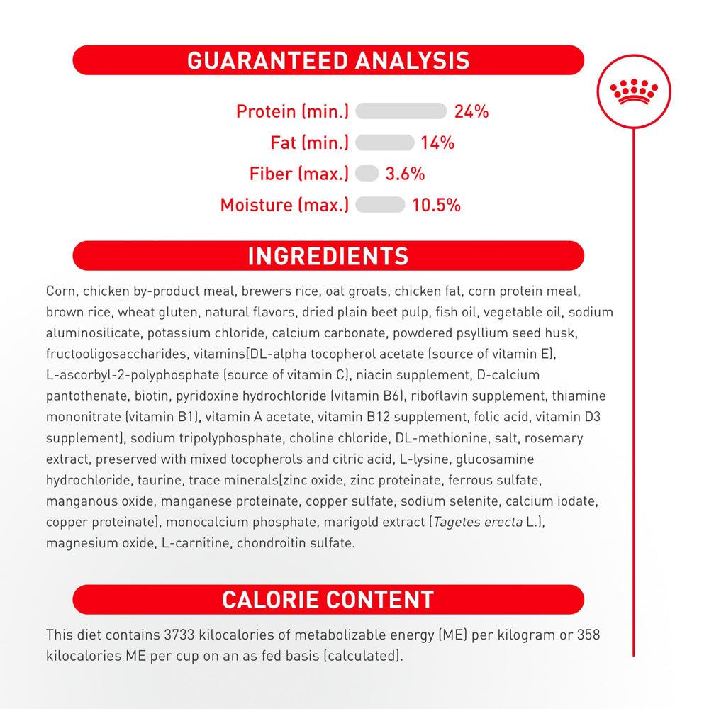 ROYAL CANIN ingredient spread emphasizing omega fatty acids and proteins