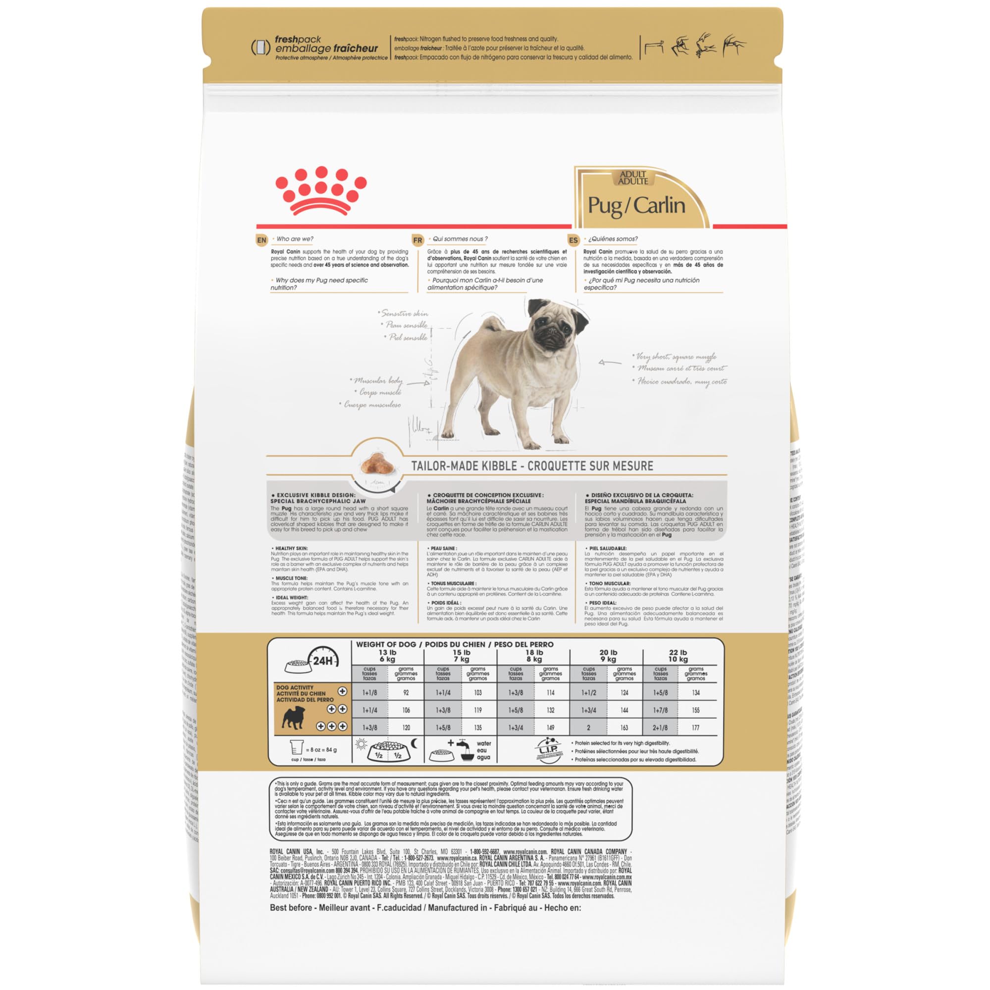 ROYAL CANIN cloverleaf kibble shape designed for Pug muzzles