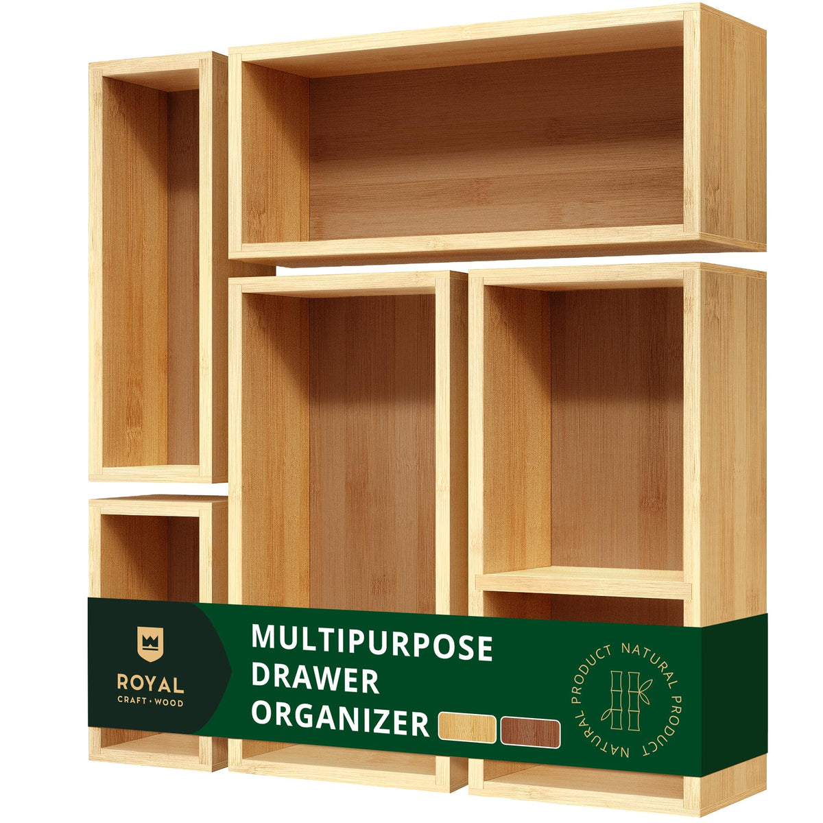 ROYAL CRAFT WOOD front view of five bamboo trays showing organized layout benefit