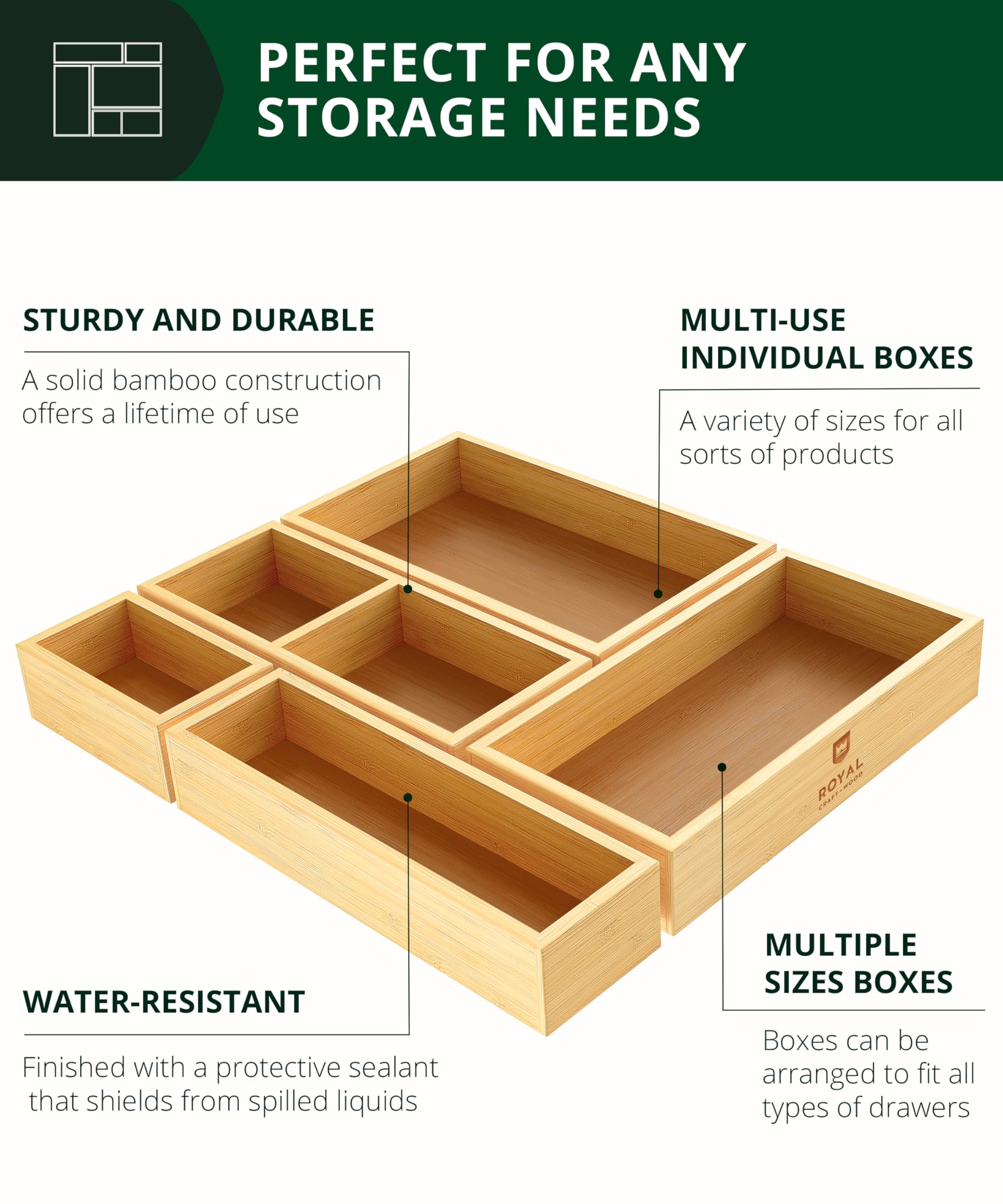 ROYAL CRAFT WOOD trays installed in drawer providing tidy storage benefit