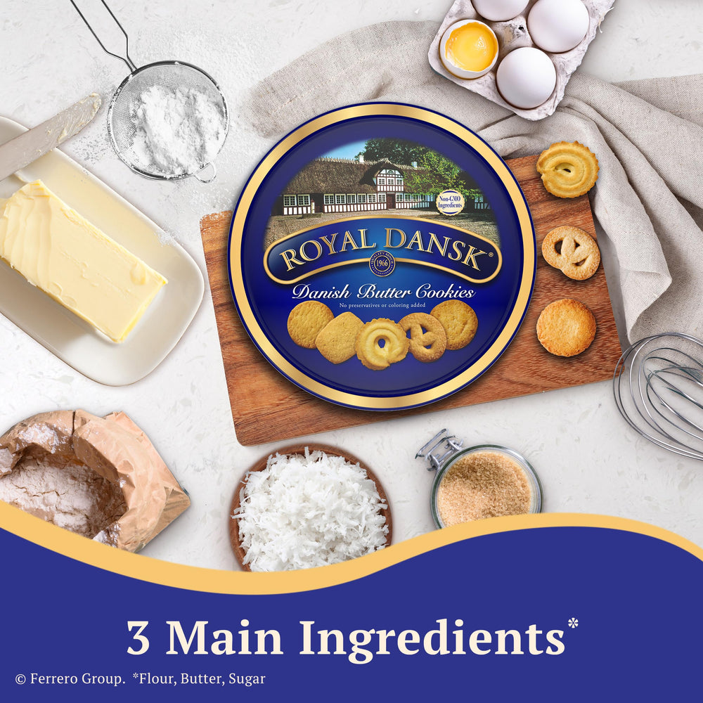 Royal Dansk open tin filled with cookies demonstrating immediate serving use
