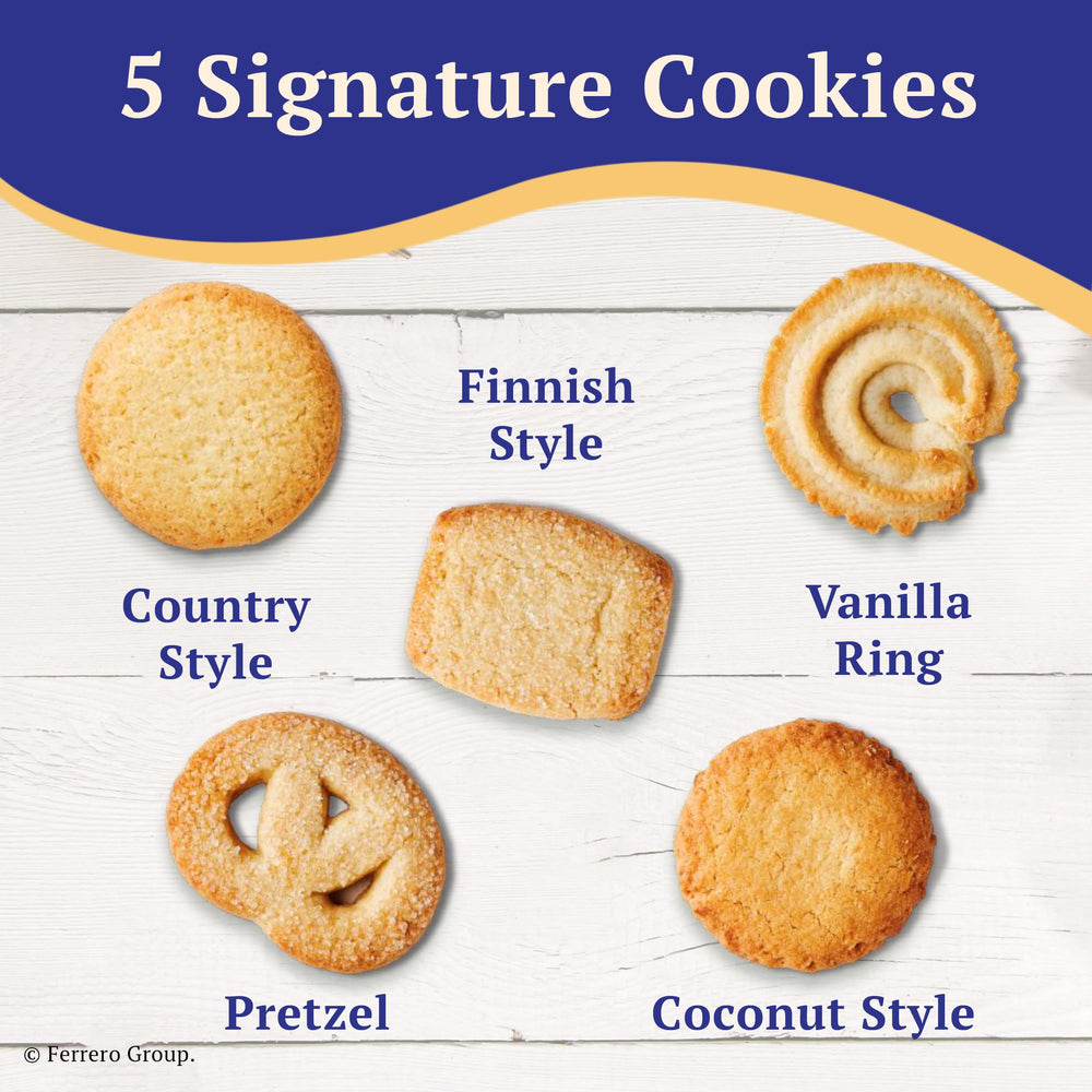 Royal Dansk assorted cookies arranged to show five shapes and variety