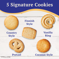 Royal Dansk assorted cookies arranged to show five shapes and variety