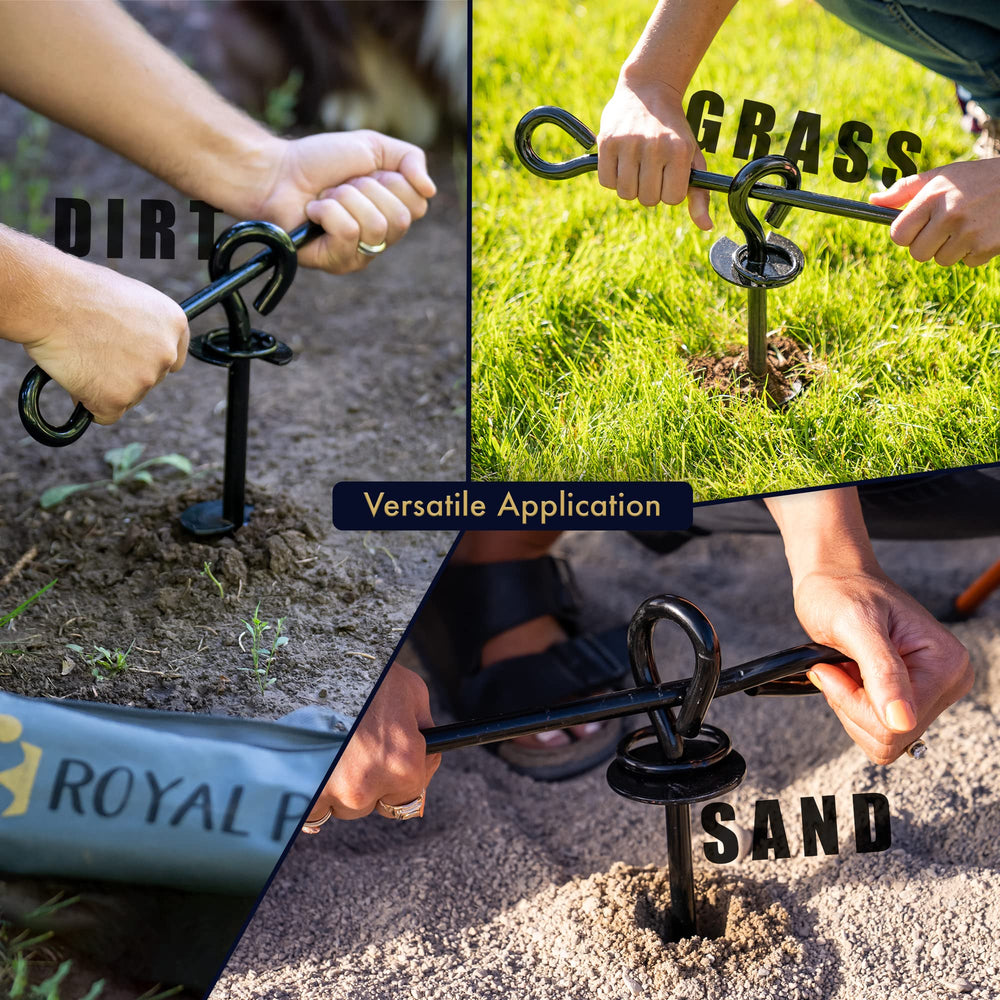 ROYAL PAW stake installed in sandy beach demonstrating secure tethering outdoors
