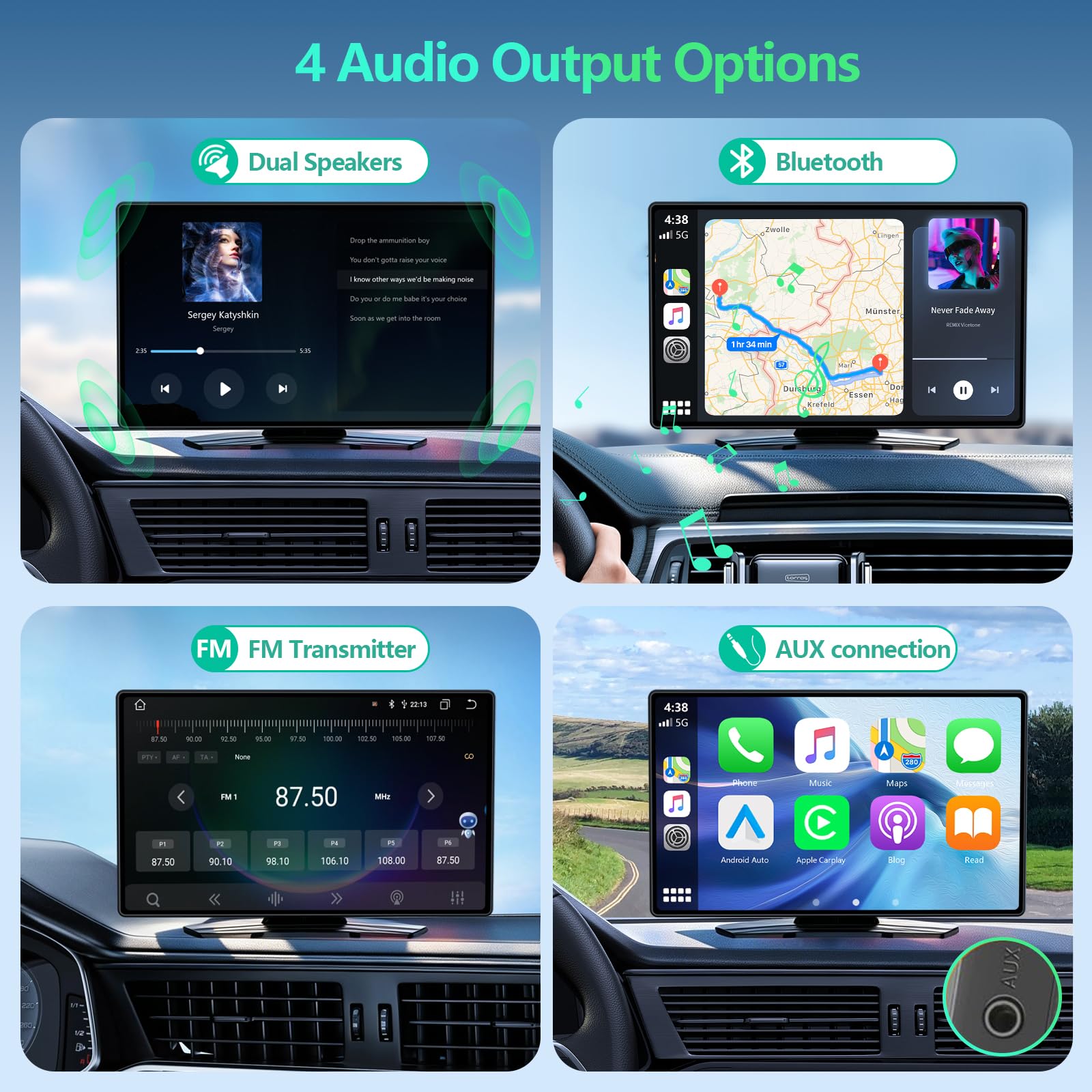 RQO unit showing Bluetooth, AUX and FM audio output options