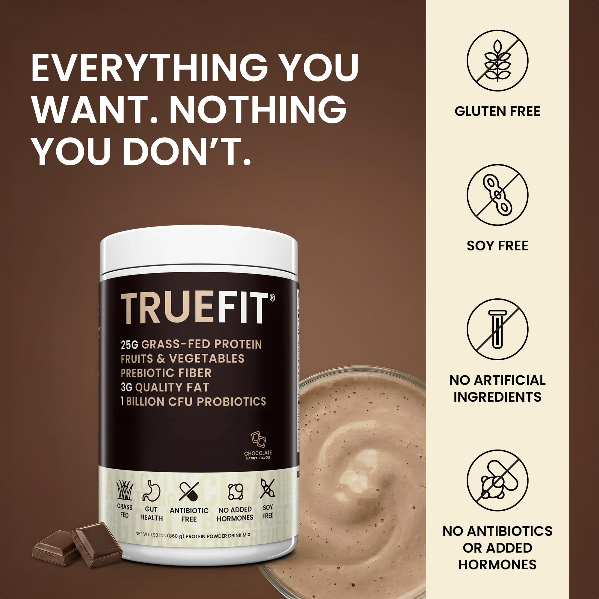 RSP NUTRITION TrueFit serving size beside a scale to show 25g protein per serving