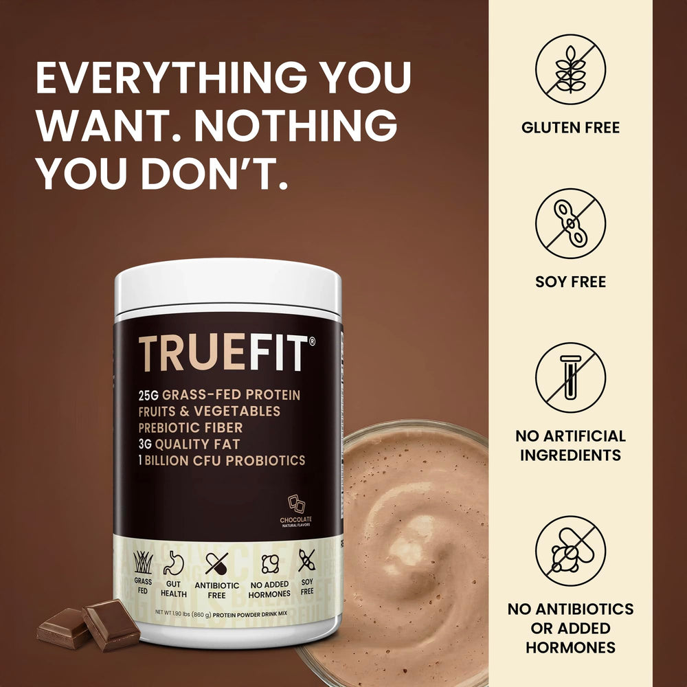 RSP NUTRITION TrueFit serving size beside a scale to show 25g protein per serving