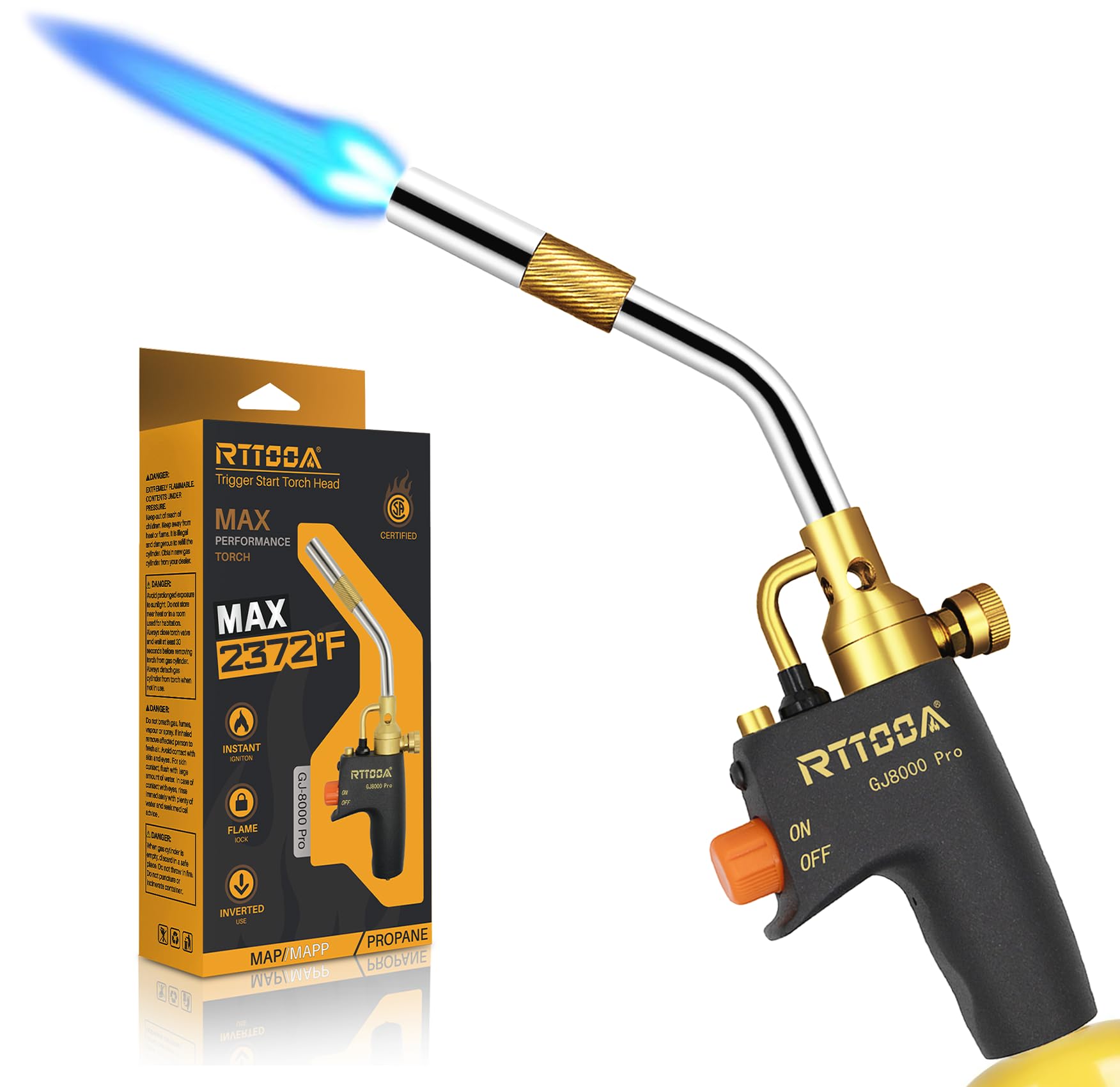 RTTOOA torch head front angle showing compact design and quick-start benefit