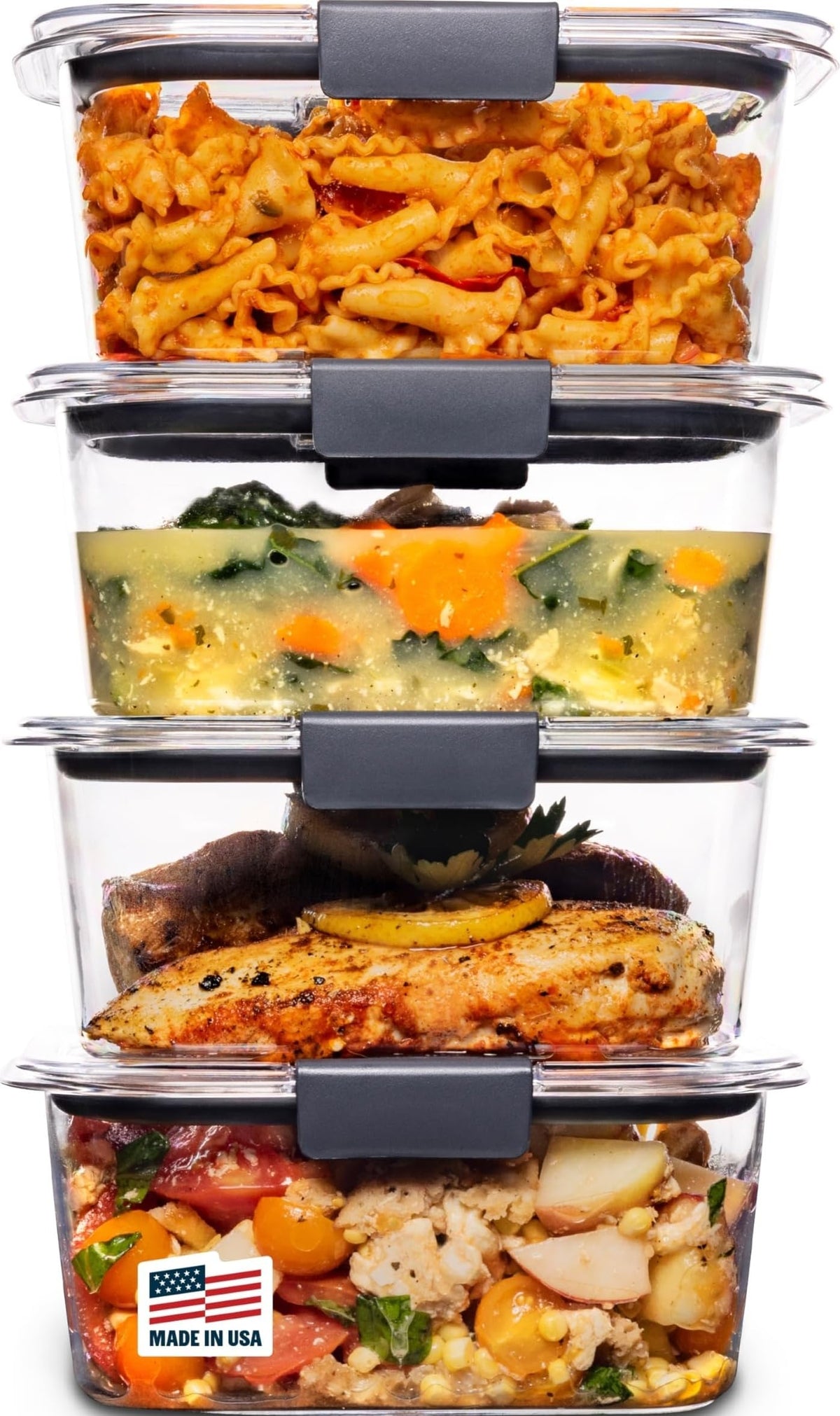 Rubbermaid Brilliance front view showing clear container and lid, ideal for visibility