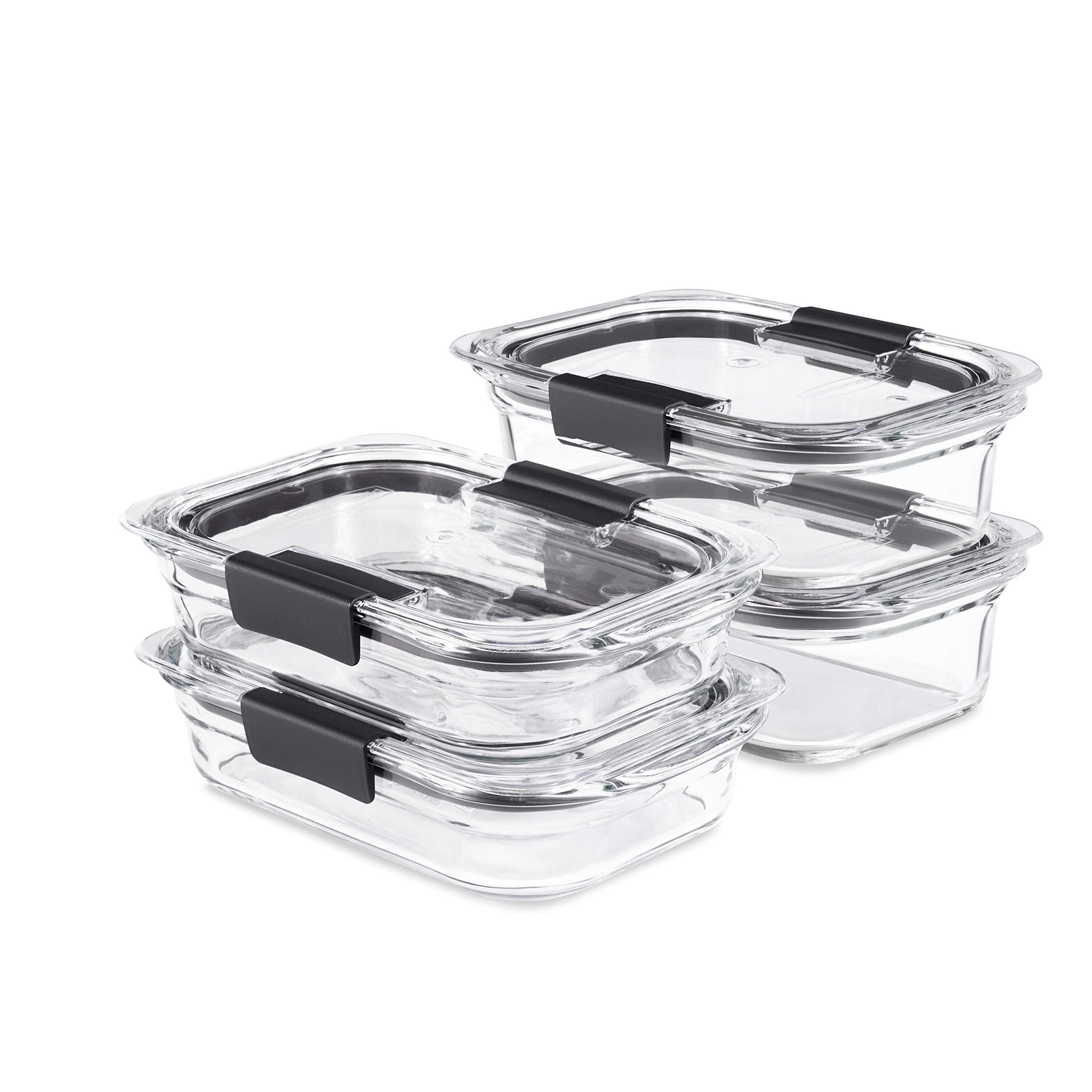 Rubbermaid Brilliance front packaging showing clear containers and lids, highlights space-saving