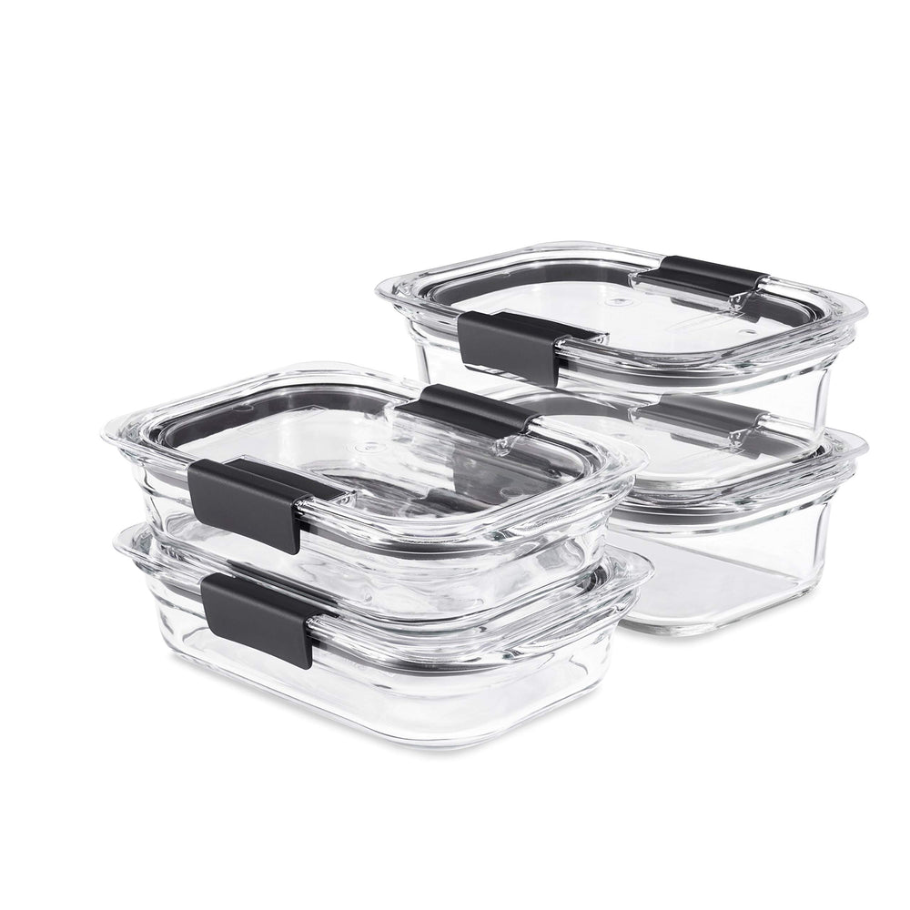 Rubbermaid Brilliance front packaging showing clear containers and lids, highlights space-saving
