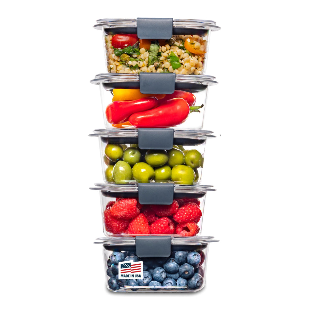 Rubbermaid Brilliance front view showing five clear containers for visible storage