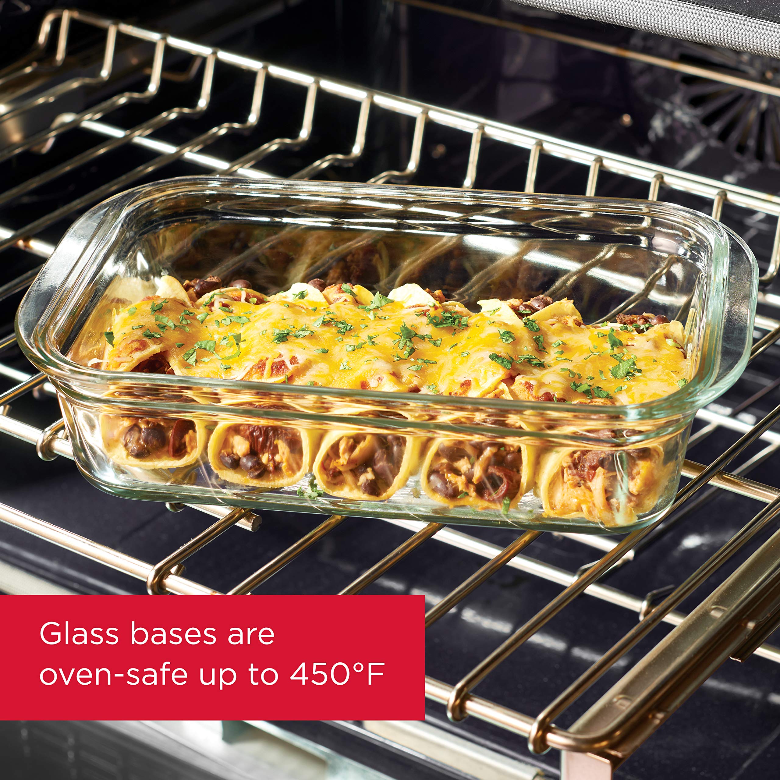 Rubbermaid Brilliance glass base in oven, oven-safe up to 450°F for versatile cooking