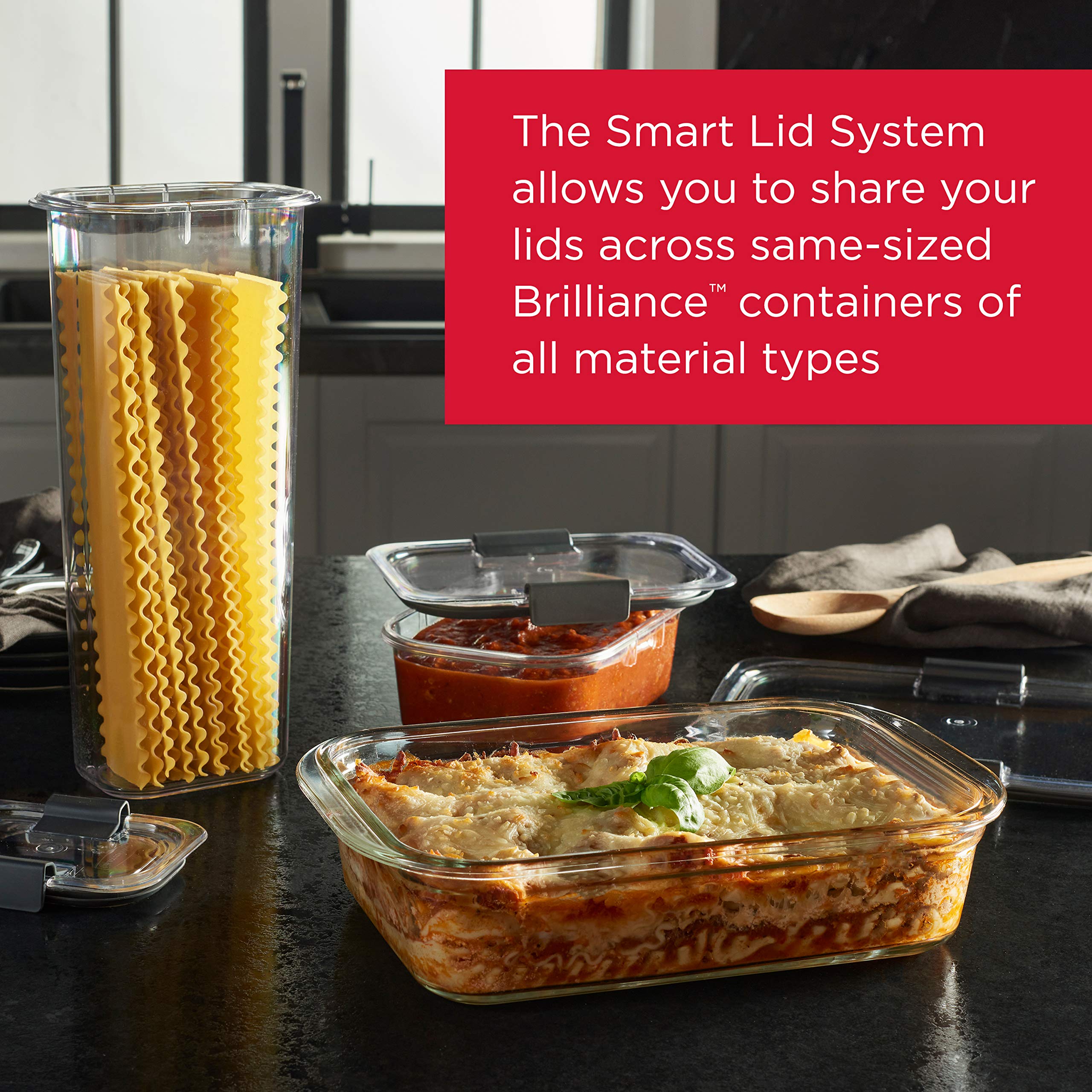 Rubbermaid Brilliance stacked containers in fridge, organized visibility and modular storage