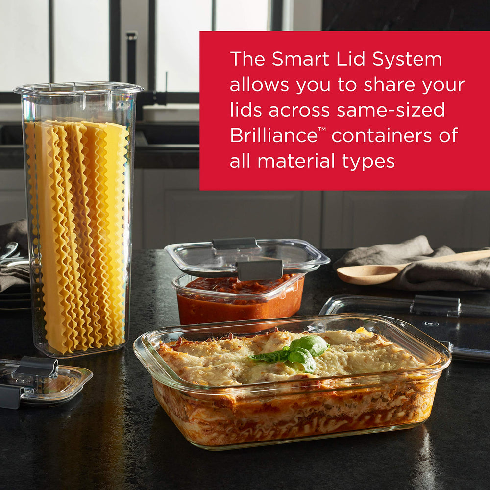 Rubbermaid Brilliance stacked containers in fridge, organized visibility and modular storage