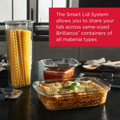 Rubbermaid Brilliance stacked containers in fridge, organized visibility and modular storage