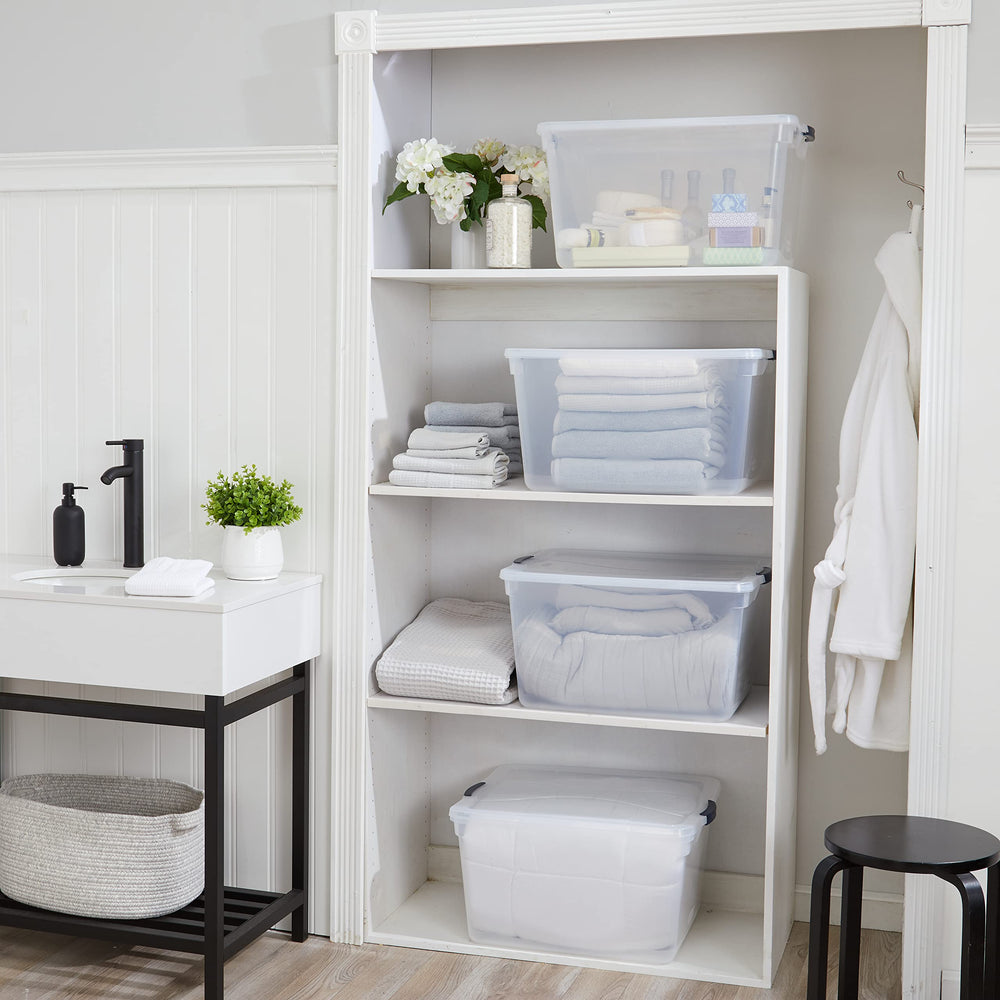 Rubbermaid bin organized in closet showing tidy, accessible storage