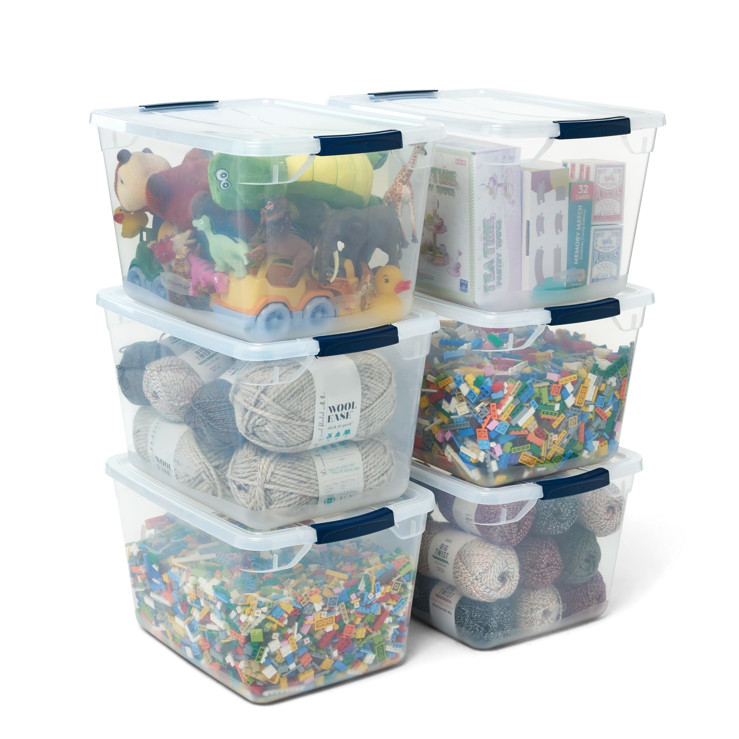 Rubbermaid Cleverstore front view showing six clear bins and tight-fitting lids for easy identification
