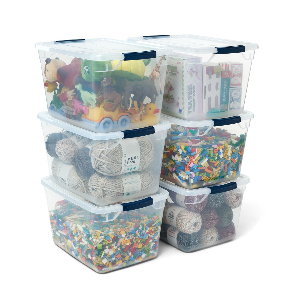 Rubbermaid Cleverstore front view showing six clear bins and tight-fitting lids for easy identification
