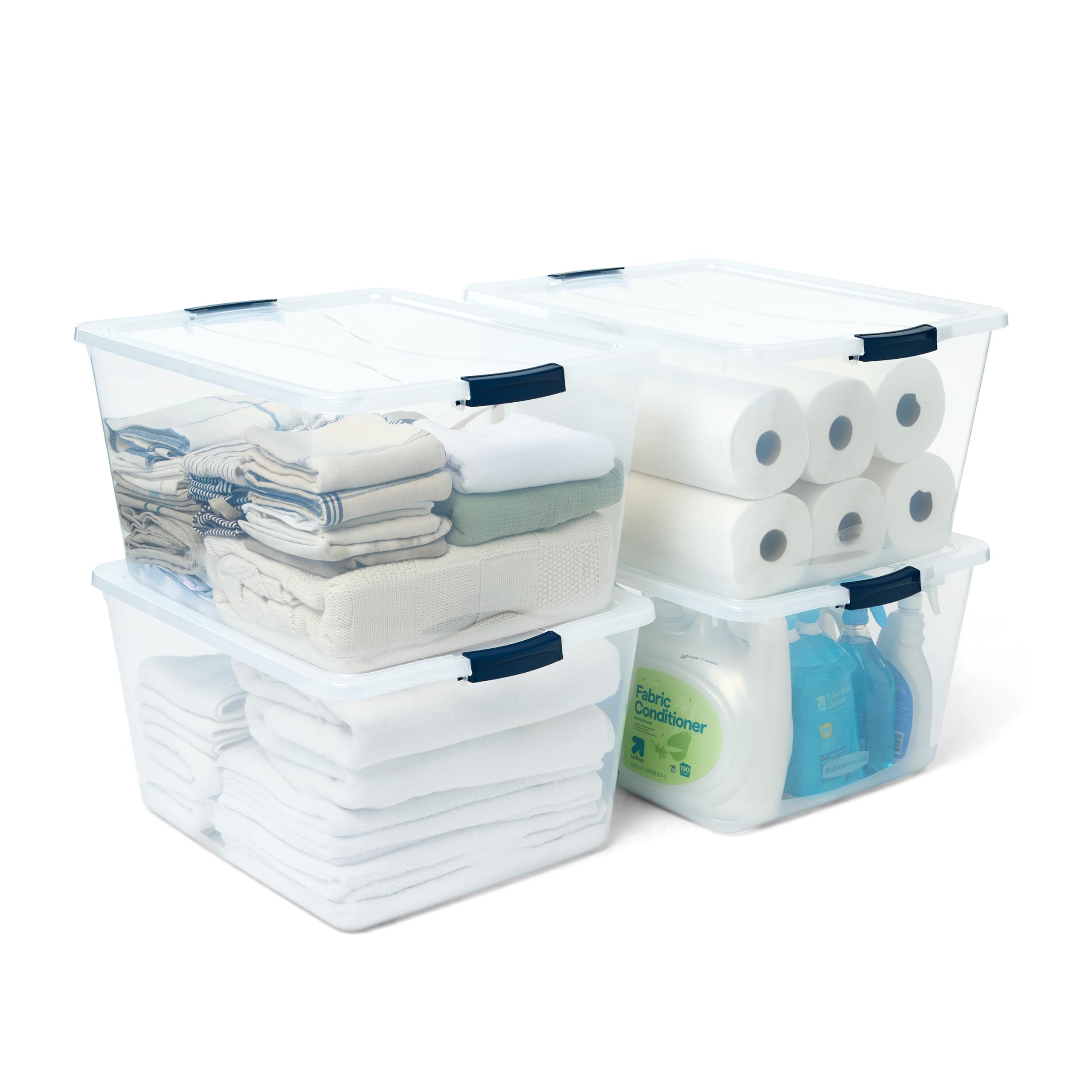 Rubbermaid front view of clear 71 qt bin showing full shape and capacity