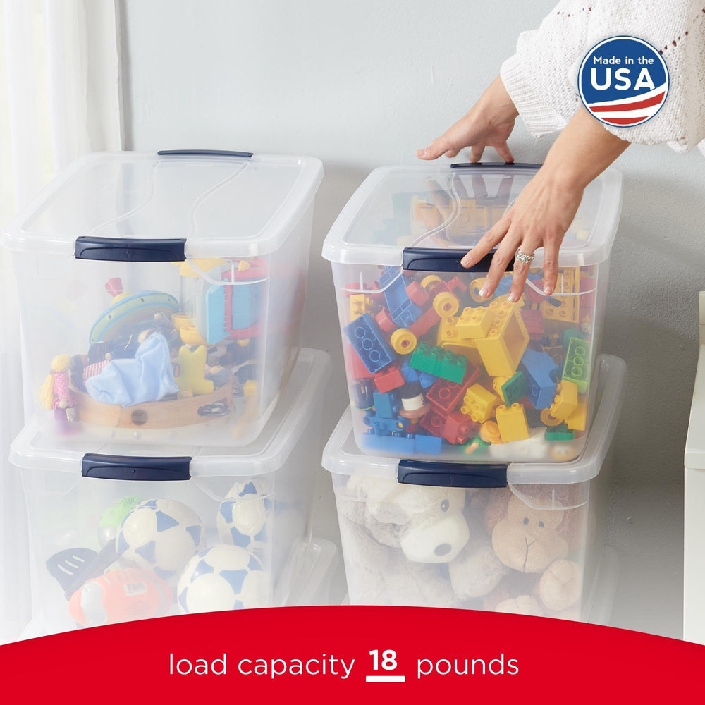 Rubbermaid Cleverstore bins arranged on a closet shelf to keep linens and clothes organized