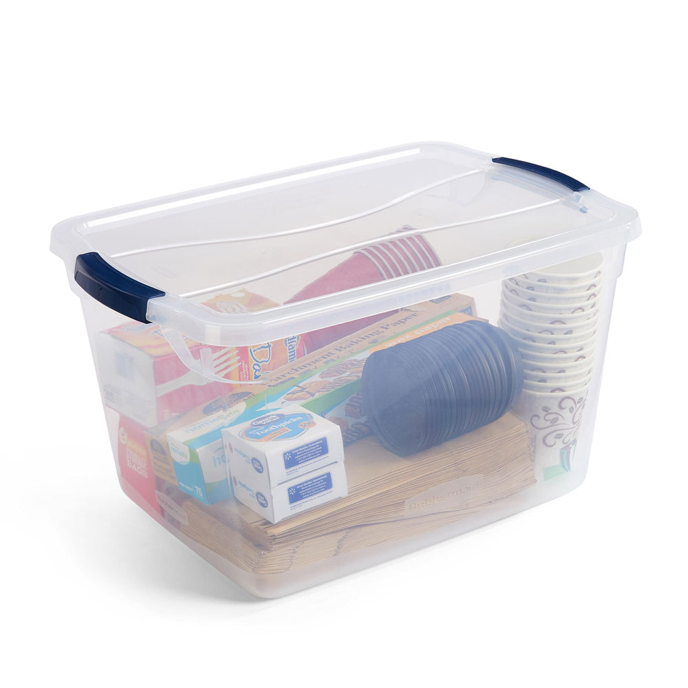 Side profile of Rubbermaid Cleverstore bins stacked securely to maximize vertical storage