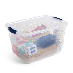 Side profile of Rubbermaid Cleverstore bins stacked securely to maximize vertical storage