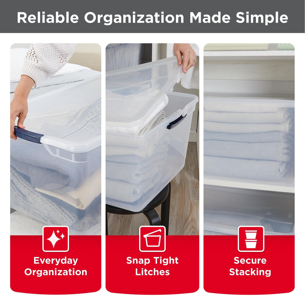Rubbermaid stacked bins illustrating stable, space-saving vertical storage