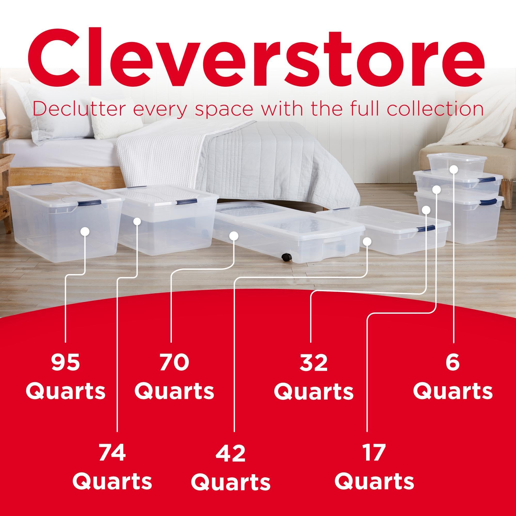 Under-bed view showing Rubbermaid Cleverstore bin scale fitting low clearance storage