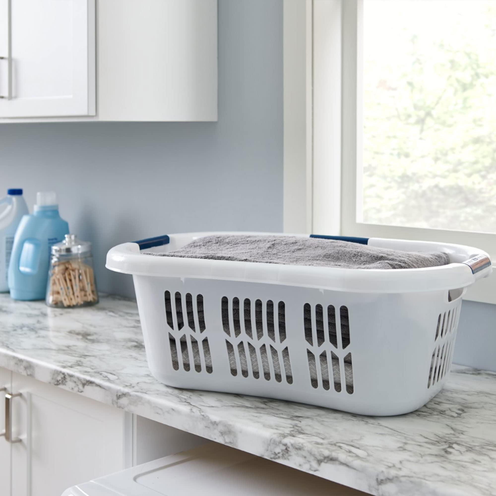 Rubbermaid basket stored in closet saving floor space and staying tidy