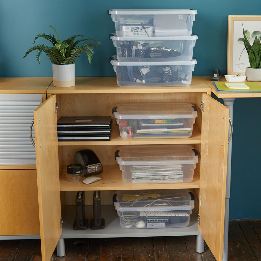 Rubbermaid contents visible with crafts for quick identification benefit