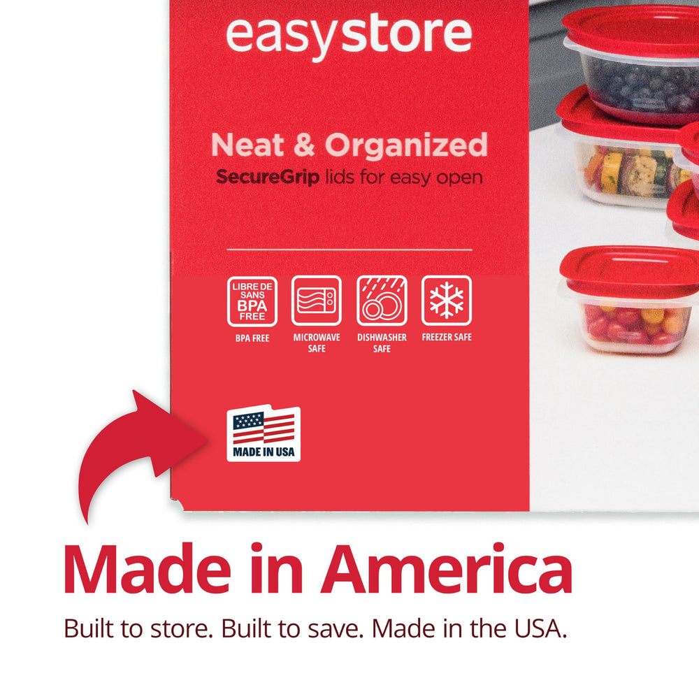Rubbermaid stacked containers inside fridge showing neat, space-saving benefit