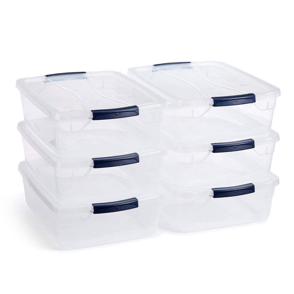 Rubbermaid front view clear tote showing compact storage benefit