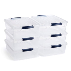 Rubbermaid front view clear tote showing compact storage benefit