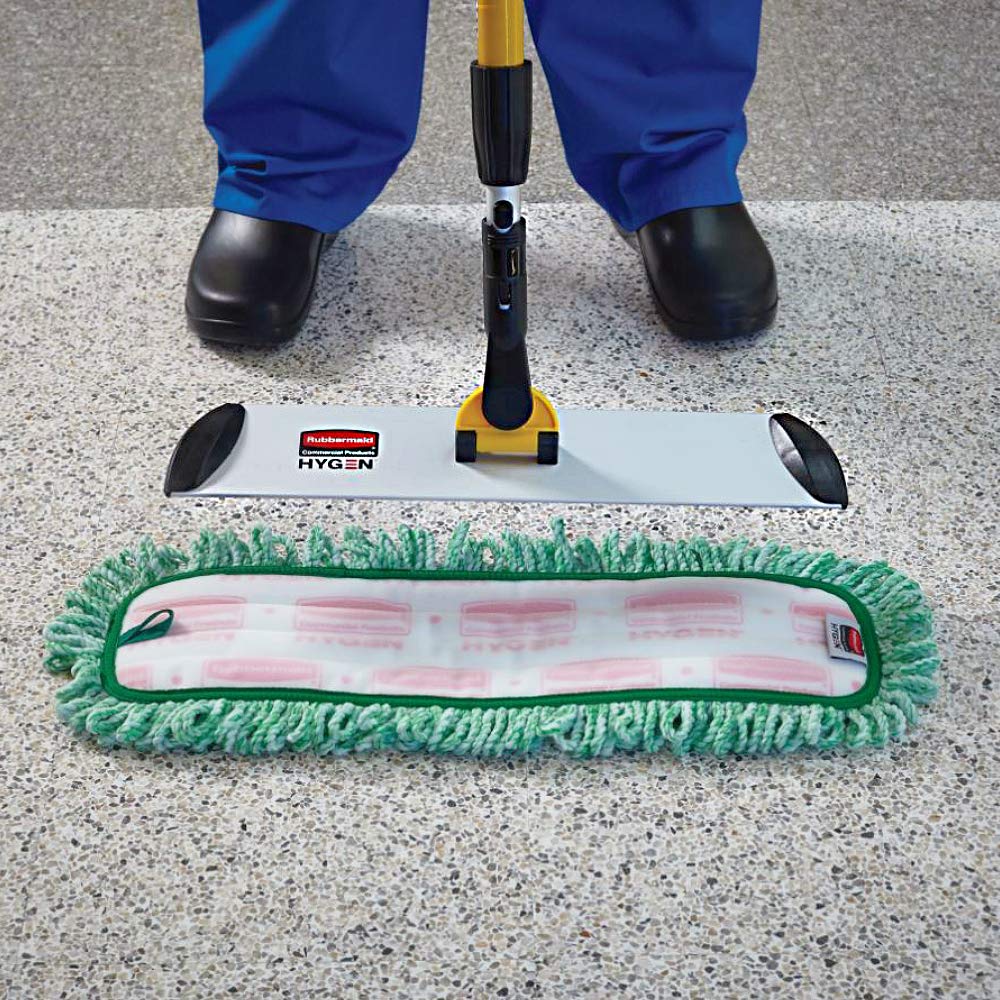 Rubbermaid Commercial HYGEN included parts laid out to display handle, frame, and two damp pads