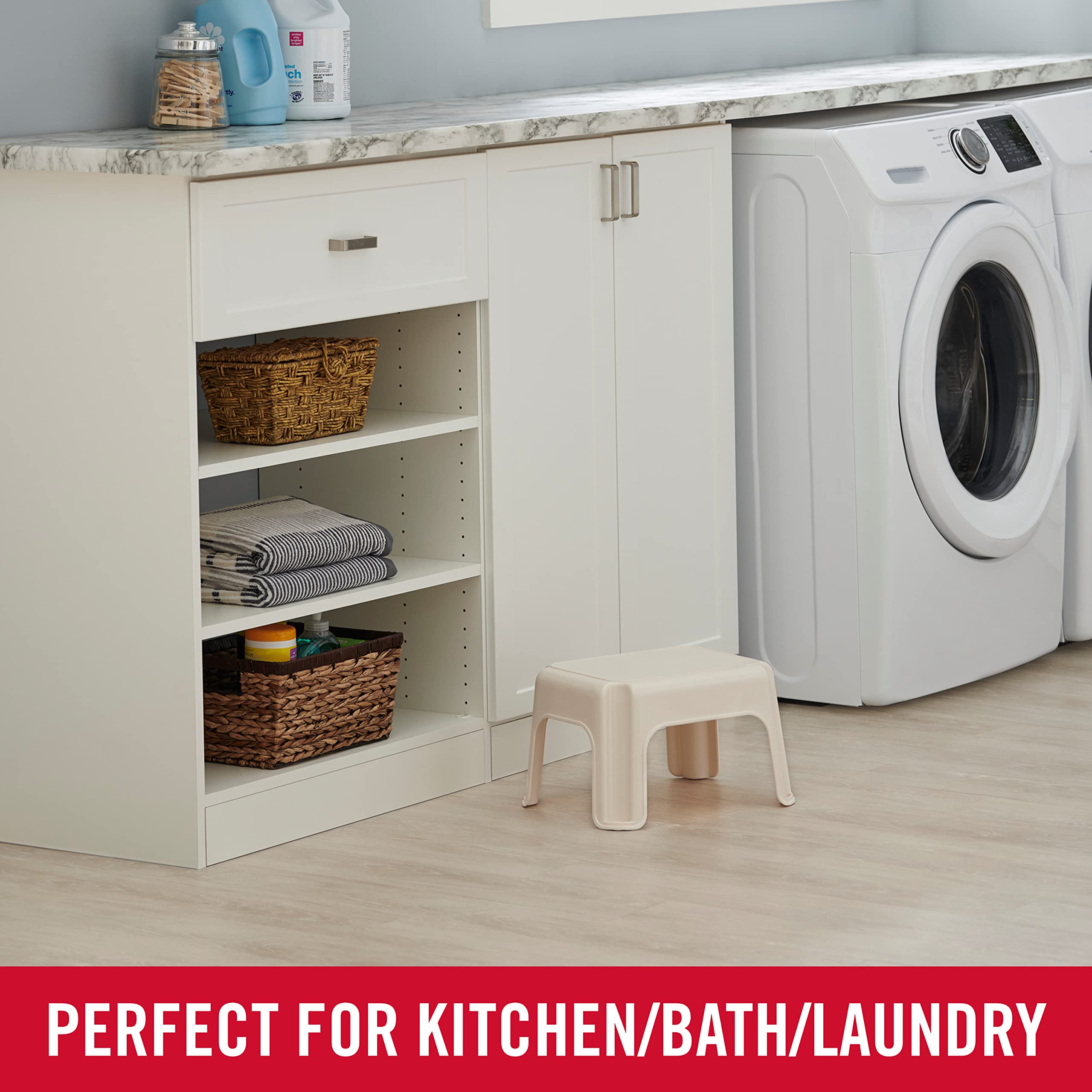 Rubbermaid Roughneck in kitchen helping reach top shelf, showing portability and convenience
